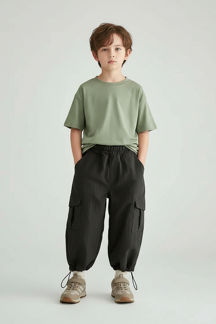 Pantalon Randonnée Noir Cargo Ample Coton Enfant - Polyester