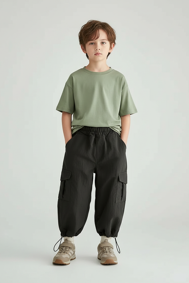 Pantalon Randonnée Noir Cargo Ample Coton Enfant - Polyester