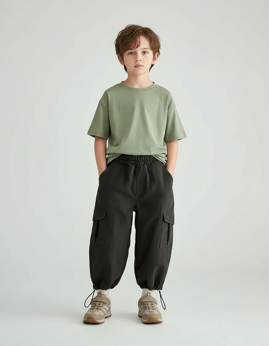 Pantalon Randonnée Noir Cargo Ample Coton Enfant - Polyester