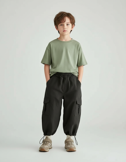 Pantalon Randonnée Noir Cargo Ample Coton Enfant - Polyester