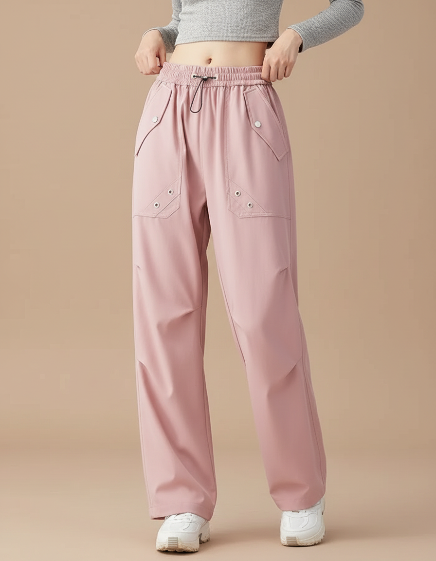 Pantalon Randonnée Rose Ample Sportif Taille Haute - Polyester