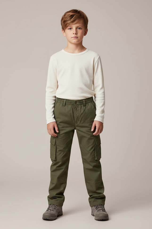 Pantalon Randonnée Vert Cargo Enfant Coton Décontracté - Kaki