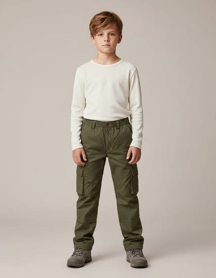 Pantalon Randonnée Vert Cargo Enfant Coton Décontracté - Kaki