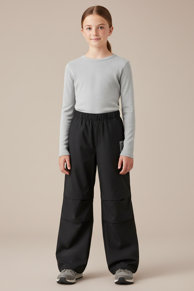 Pantalon Randonnée Noir Enfant Imperméable Coupe Large - Polyester