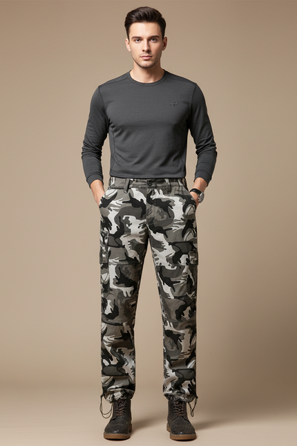 Pantalon Randonnée Camouflage Gris Cargo Ample Homme - Coton