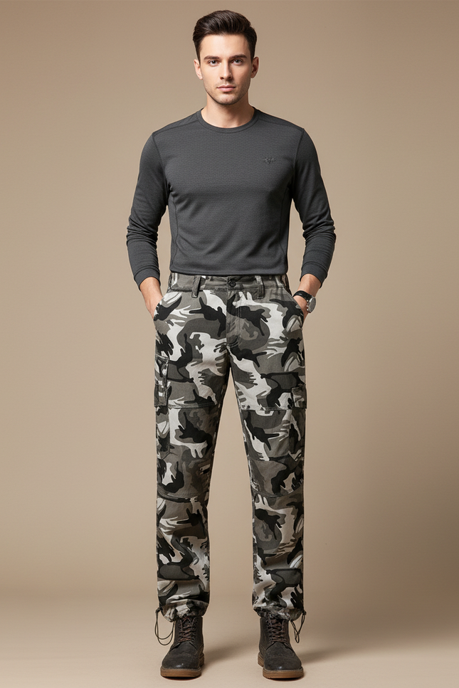Pantalon Randonnée Camouflage Gris Cargo Ample Homme - Coton
