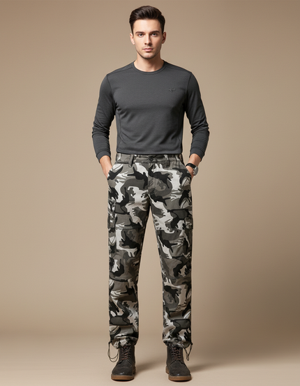 Pantalon Randonnée Camouflage Gris Cargo Ample Homme - Coton
