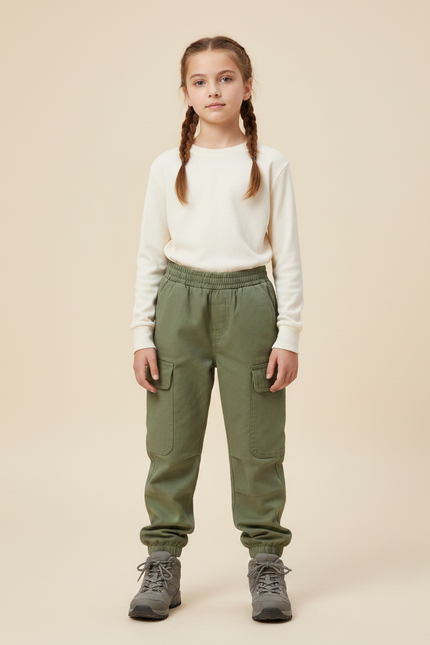 Pantalon Randonnée Vert Enfant Cargo Jogger Coton - Kaki