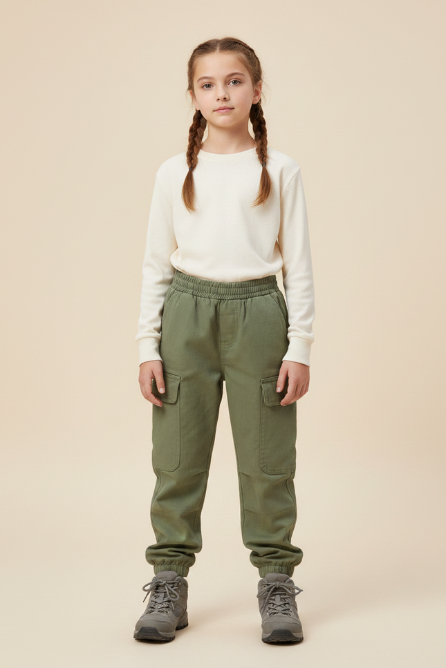 Pantalon Randonnée Vert Enfant Cargo Jogger Coton - Kaki