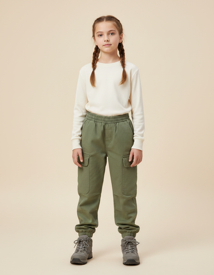 Pantalon Randonnée Vert Enfant Cargo Jogger Coton - Kaki