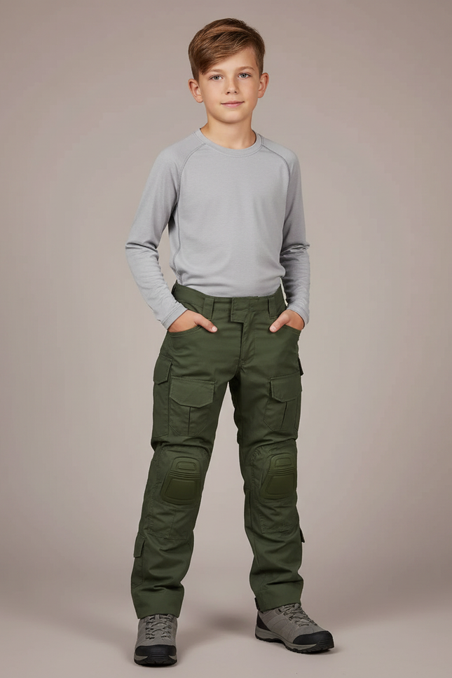 Pantalon Randonnée Vert Militaire Cargo Renforcé Enfant - Kaki Toile