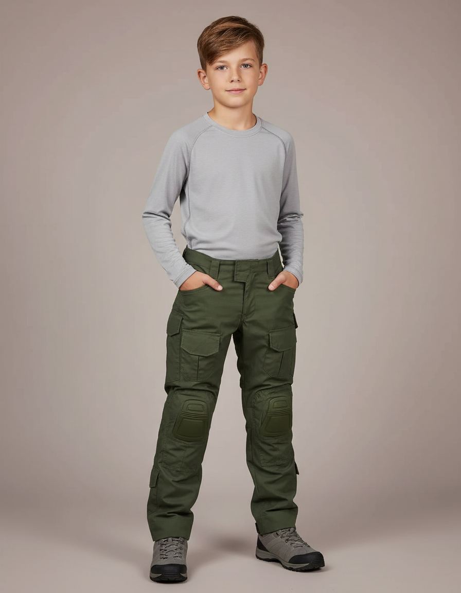 Pantalon Randonnée Vert Militaire Cargo Renforcé Enfant - Kaki Toile