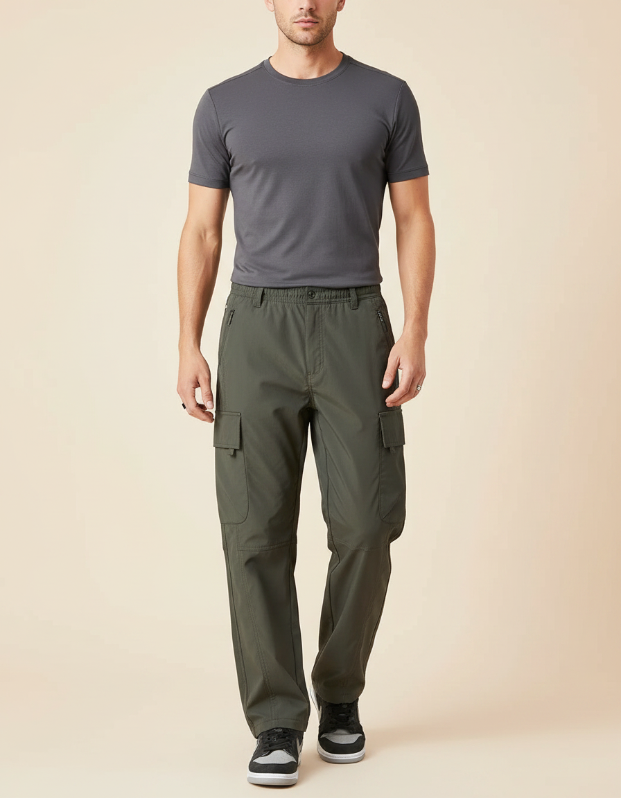 Pantalon Randonnée Kaki Ample Multi-Poches Homme Décontracté - Polyester