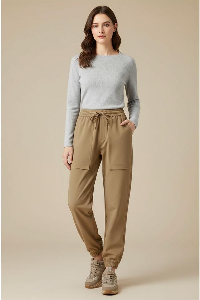 Pantalon Randonnée Femme Kaki Cargo Cordon Ajustable - Gabardine