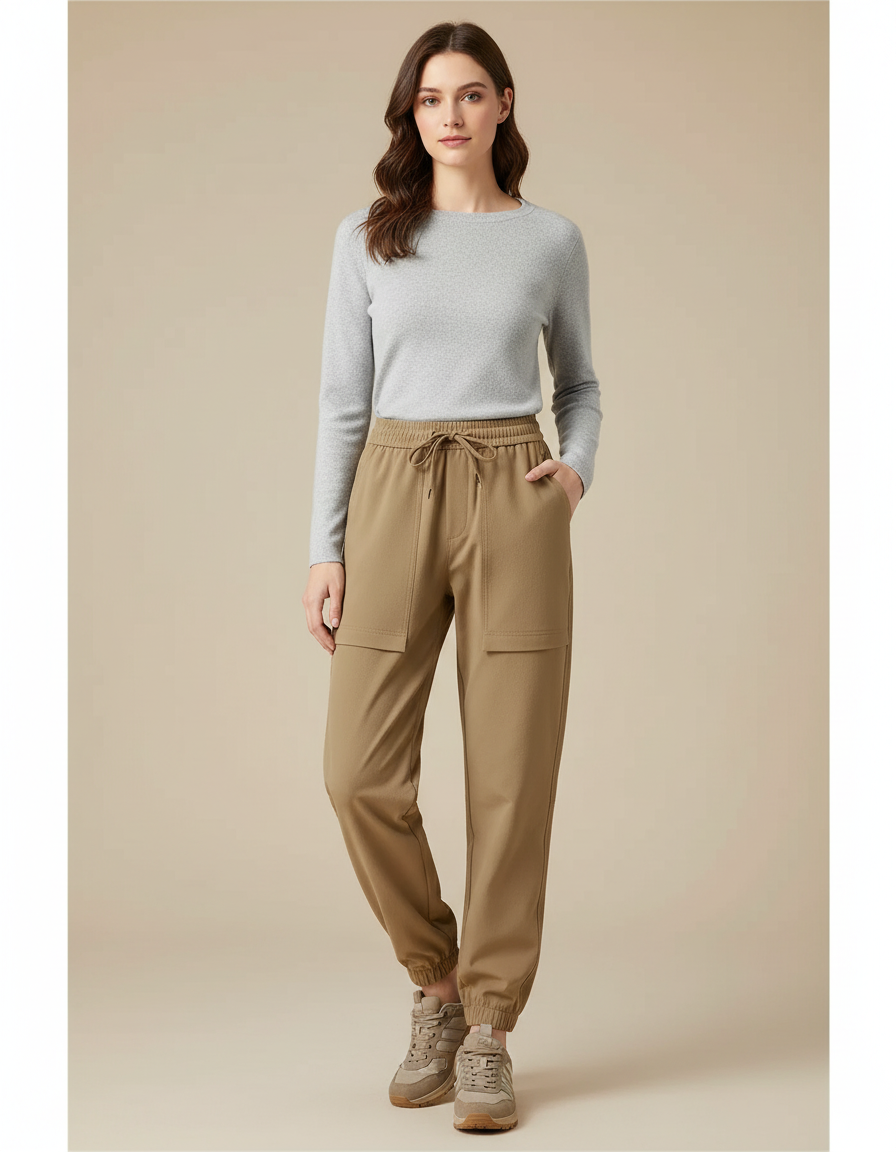 Pantalon Randonnée Femme Kaki Cargo Cordon Ajustable - Gabardine