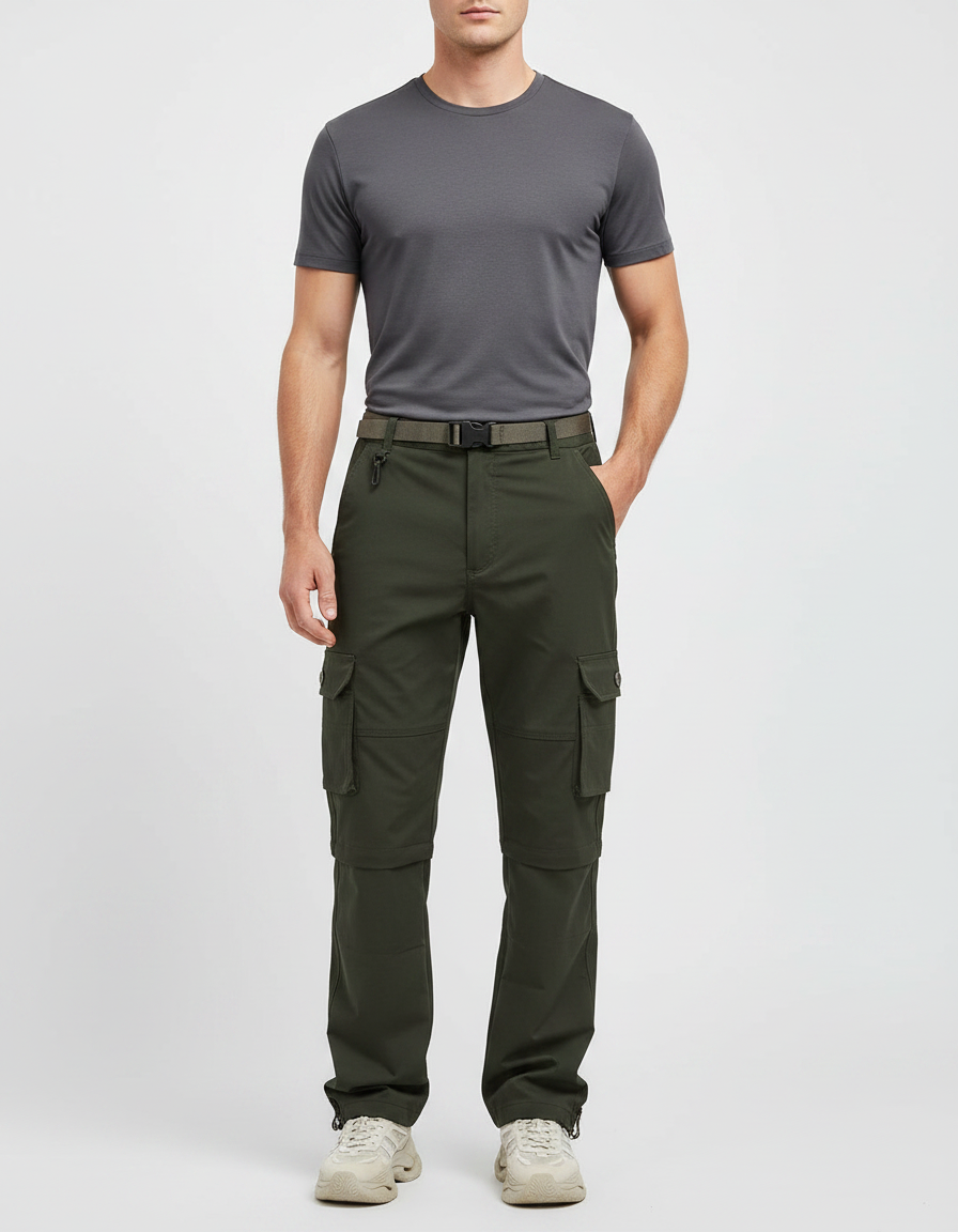 Pantalon Randonnée Vert Ample Cargo Détachable Homme - Kaki Polyester