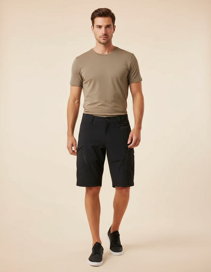 Pantalon Randonnée Noir Cargo Court Multipoches Homme - Polyester