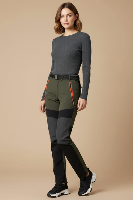 Pantalon Randonnée Femme Vert Kaki Imperméable Stretch - Maille