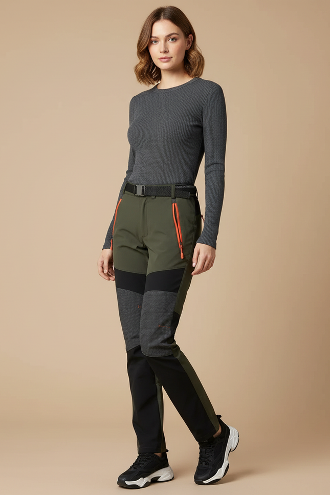 Pantalon Randonnée Femme Vert Kaki Imperméable Stretch - Maille