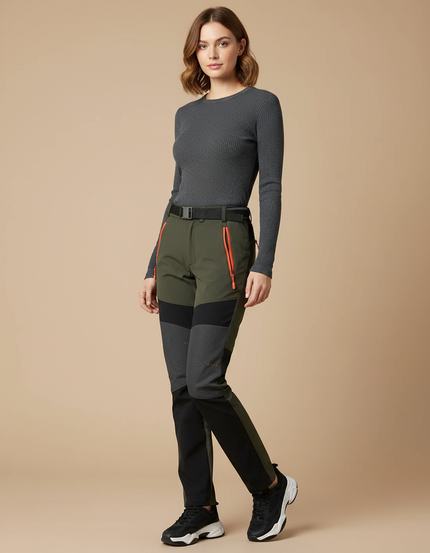 Pantalon Randonnée Femme Vert Kaki Imperméable Stretch - Maille