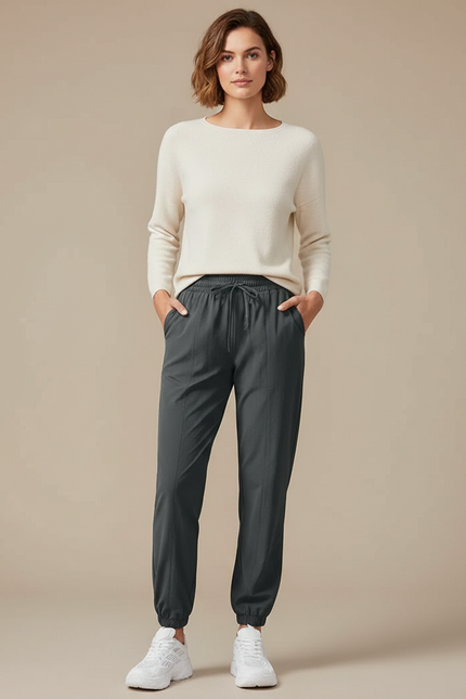 Pantalon Randonnée Gris Anthracite Fluide Cordon Jogger Femme - Polyester