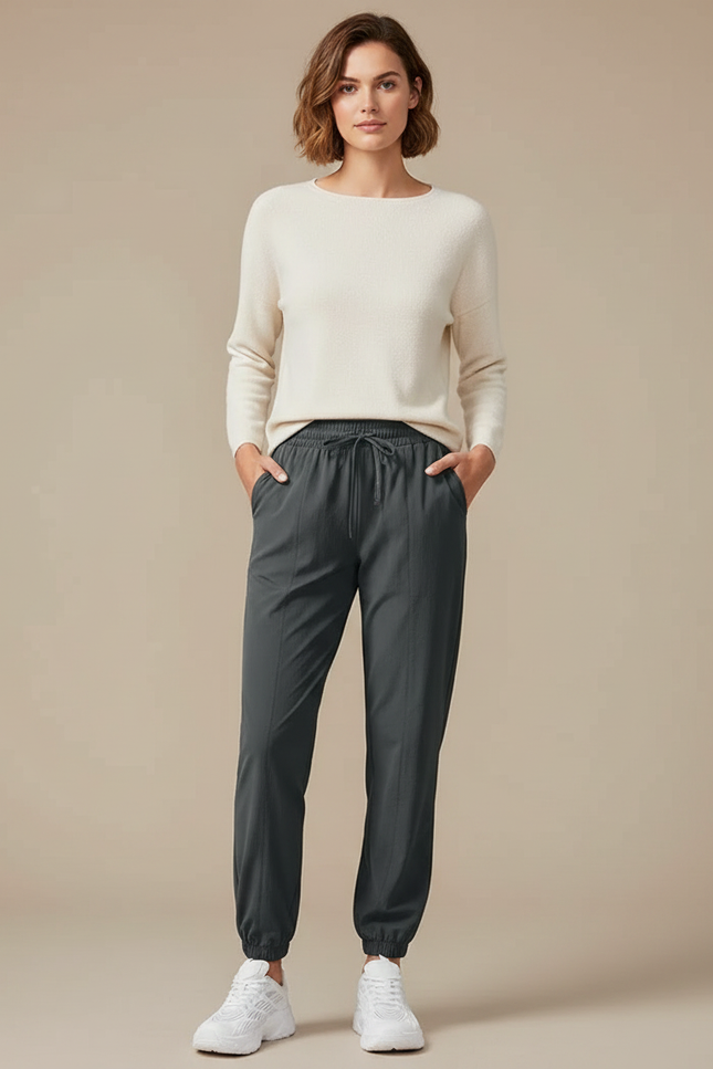 Pantalon Randonnée Gris Anthracite Fluide Cordon Jogger Femme - Polyester