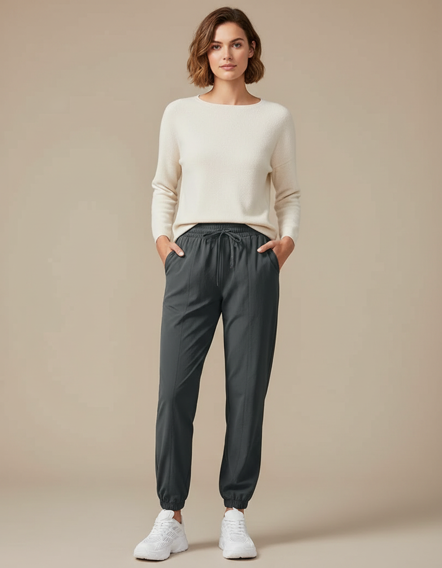 Pantalon Randonnée Gris Anthracite Fluide Cordon Jogger Femme - Polyester