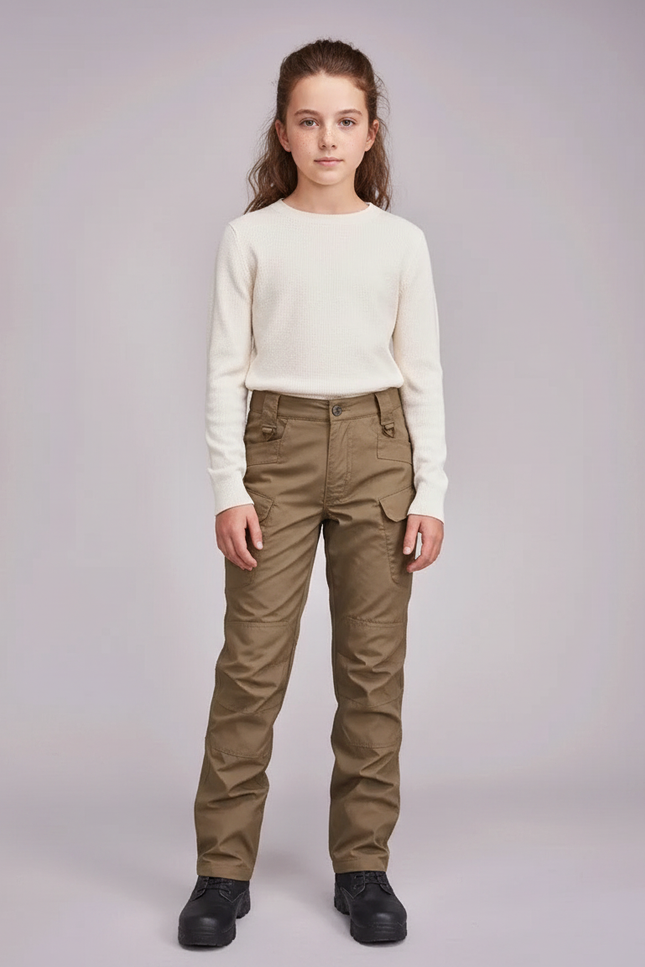 Pantalon Randonnée Kaki Cargo Multipoches Droit Enfant - Toile