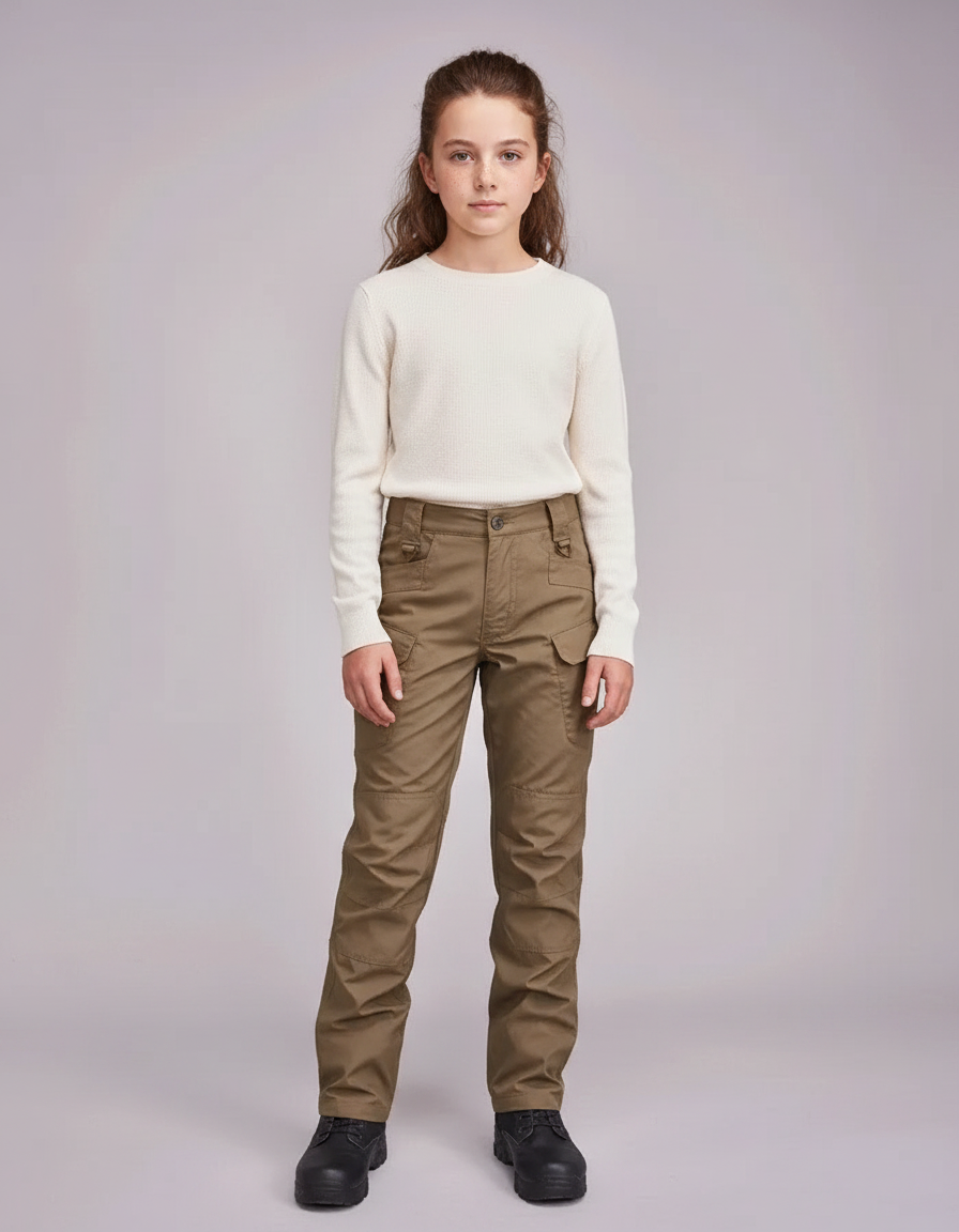Pantalon Randonnée Kaki Cargo Multipoches Droit Enfant - Toile