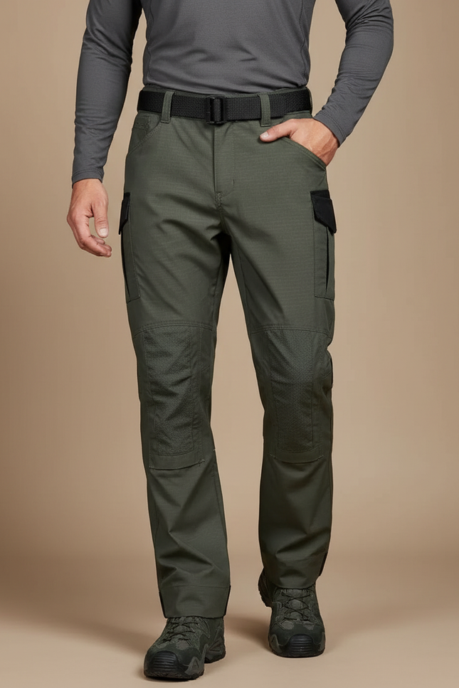 Pantalon Randonnée Vert Militaire Cargo Multipoches Résistant - Kaki Polyester