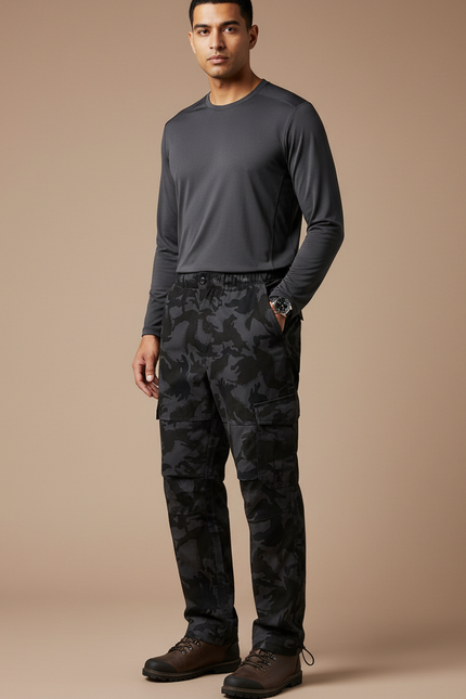 Pantalon Randonnée Camouflage Noir Cargo Ample Homme - Polyester