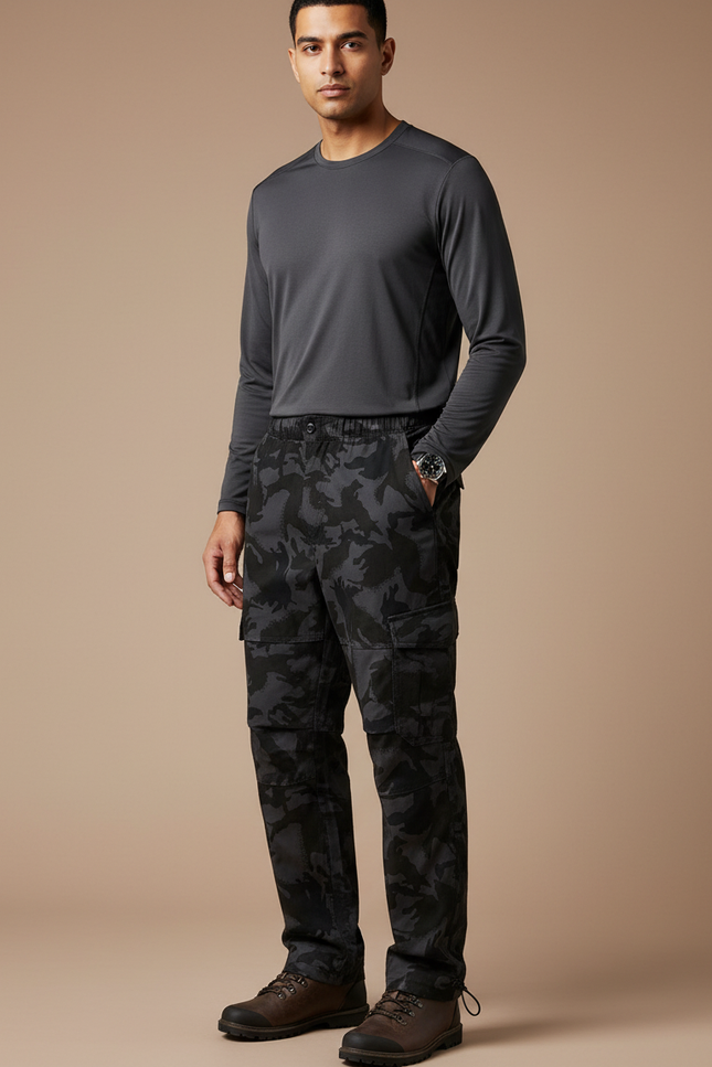 Pantalon Randonnée Camouflage Noir Cargo Ample Homme - Polyester