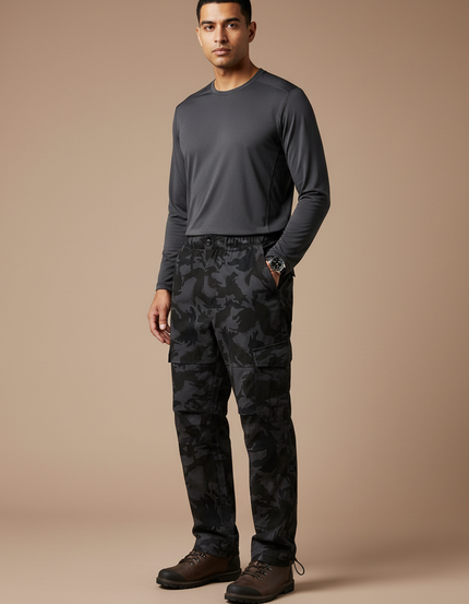 Pantalon Randonnée Camouflage Noir Cargo Ample Homme - Polyester