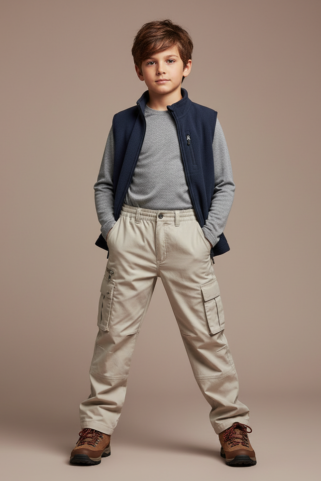 Pantalon Randonnée Beige Cargo Multipoches Enfant Robuste - Toile