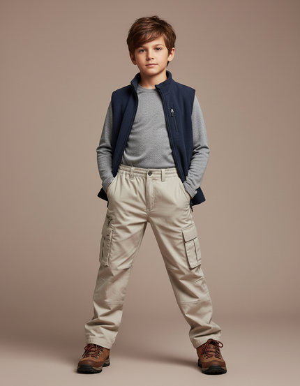 Pantalon Randonnée Beige Cargo Multipoches Enfant Robuste - Toile