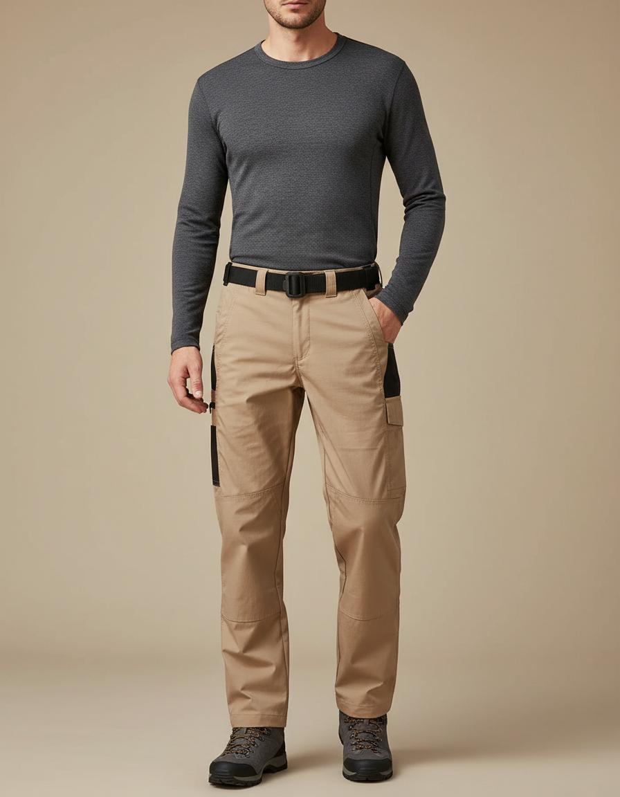 Pantalon Randonnée Beige Cargo Multipoches Homme Tactique - Toile