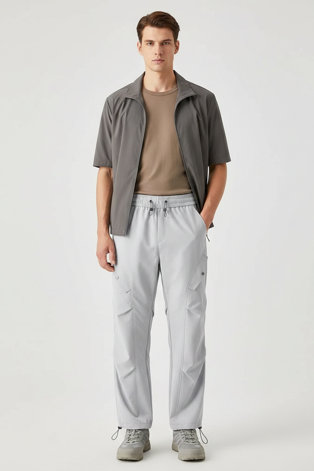 Pantalon Randonnée Gris Clair Cargo Ample Cordon Homme - Polyester