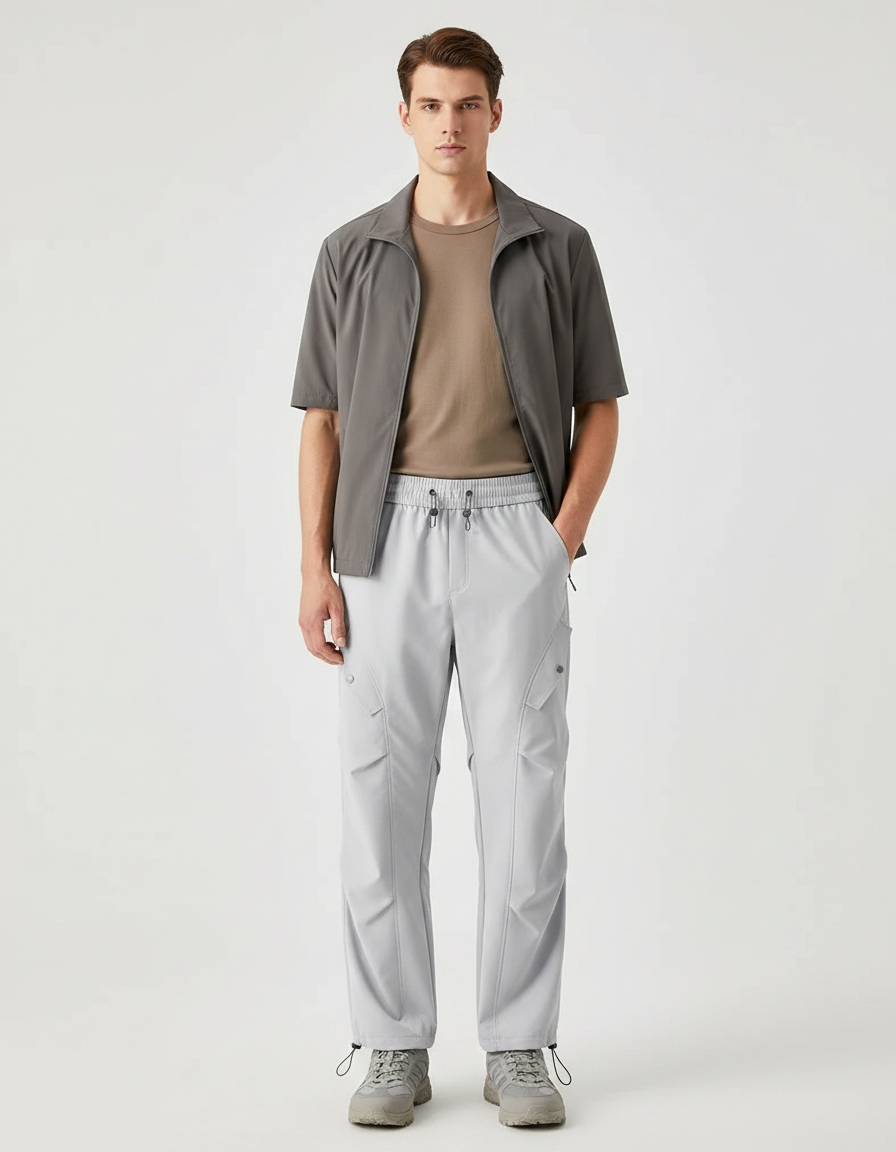 Pantalon Randonnée Gris Clair Cargo Ample Cordon Homme - Polyester