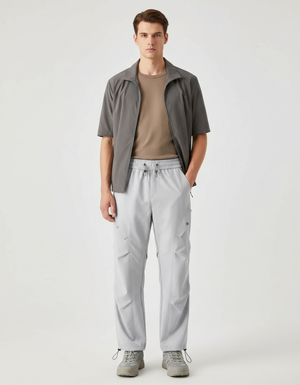 Pantalon Randonnée Gris Clair Cargo Ample Cordon Homme - Polyester