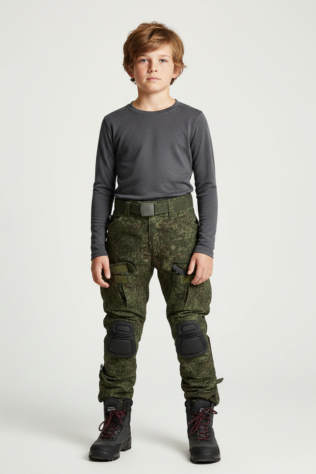 Pantalon Randonnée Camouflage Militaire Enfant Renforcé Genoux - Vert Toile