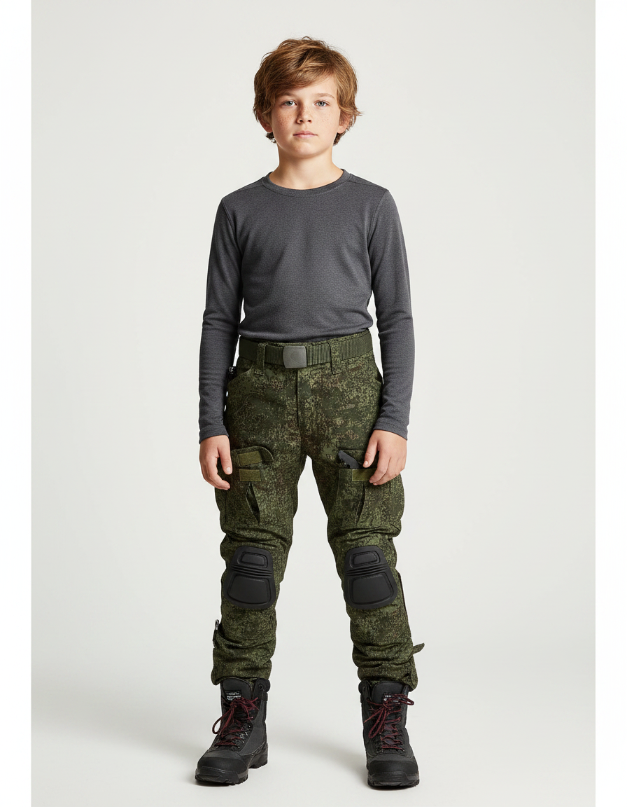 Pantalon Randonnée Camouflage Militaire Enfant Renforcé Genoux - Vert Toile