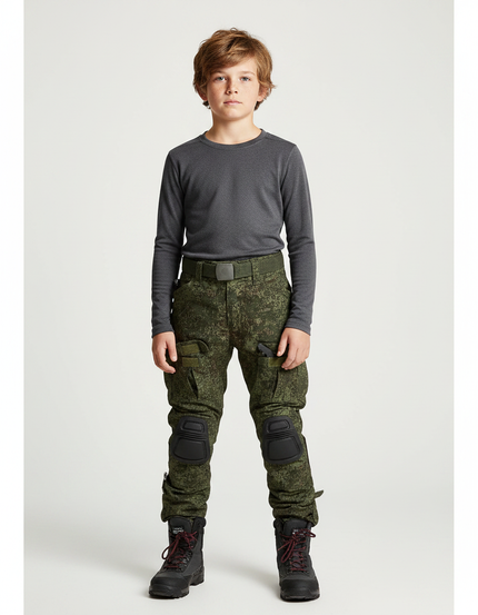 Pantalon Randonnée Camouflage Militaire Enfant Renforcé Genoux - Vert Toile