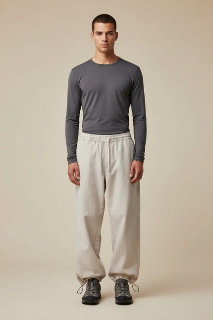 Pantalon Randonnée Beige Coton Ample Cordon Décontracté Homme