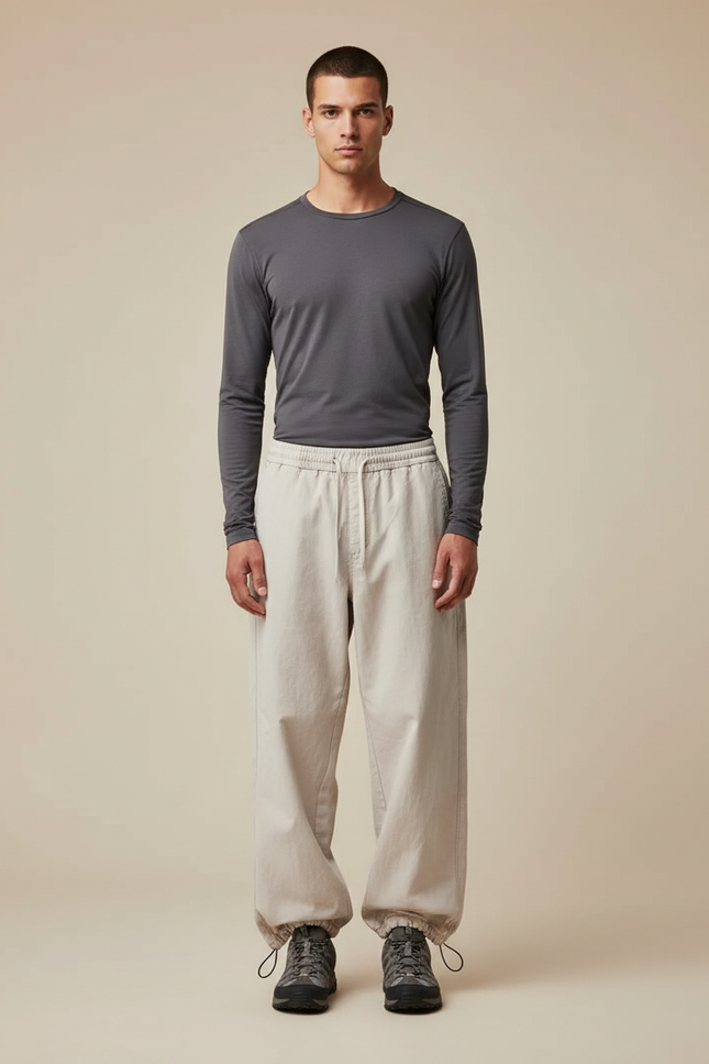 Pantalon Randonnée Beige Coton Ample Cordon Décontracté Homme