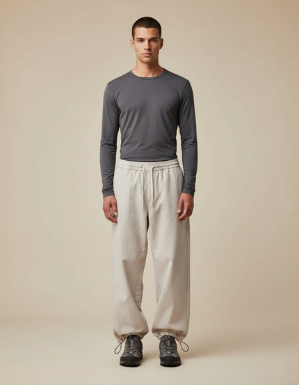 Pantalon Randonnée Beige Coton Ample Cordon Décontracté Homme