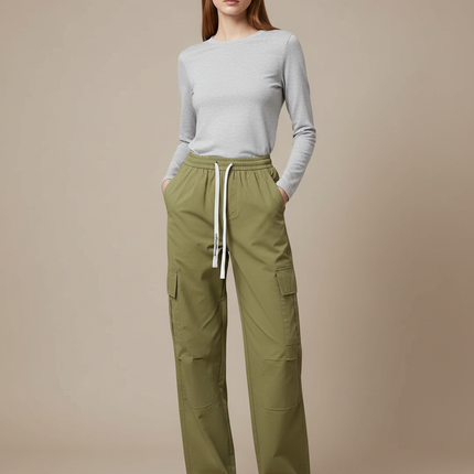 Pantalon Randonnée Kaki Cargo Ample Coton Femme - Polyester