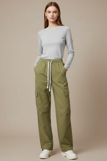 Pantalon Randonnée Kaki Cargo Ample Coton Femme - Polyester
