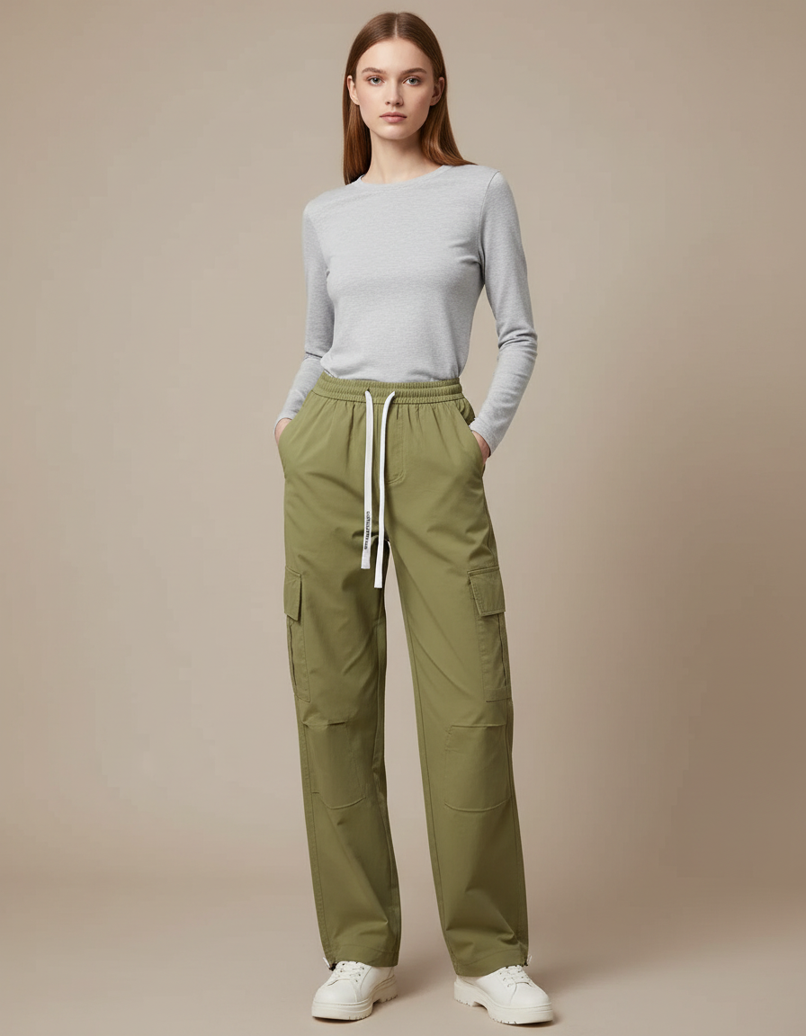 Pantalon Randonnée Kaki Cargo Ample Coton Femme - Polyester