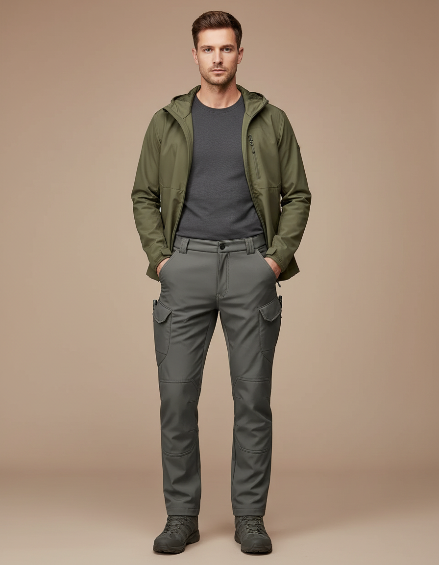 Pantalon Randonnée Gris Cargo Softshell Homme Épais - Polyester