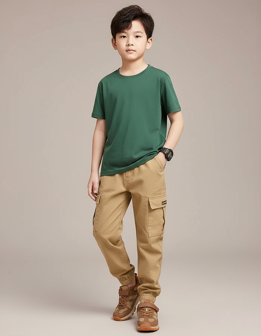 Pantalon Randonnée Kaki Cargo Coton Enfant